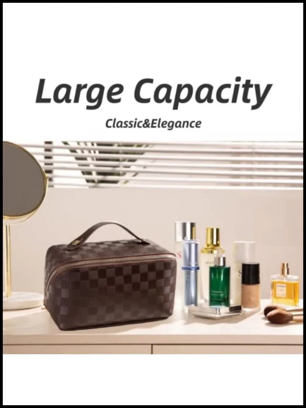 Large Capacity Checkered Makeup Bag Travel Cosmetic Organizer Waterproof PU